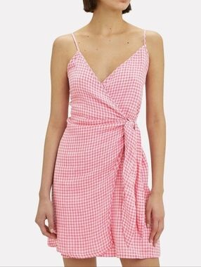 NWT Rails Malia Pink Gingham Linen Blend Mini Wrap Dress XS Beach Girly Y2K